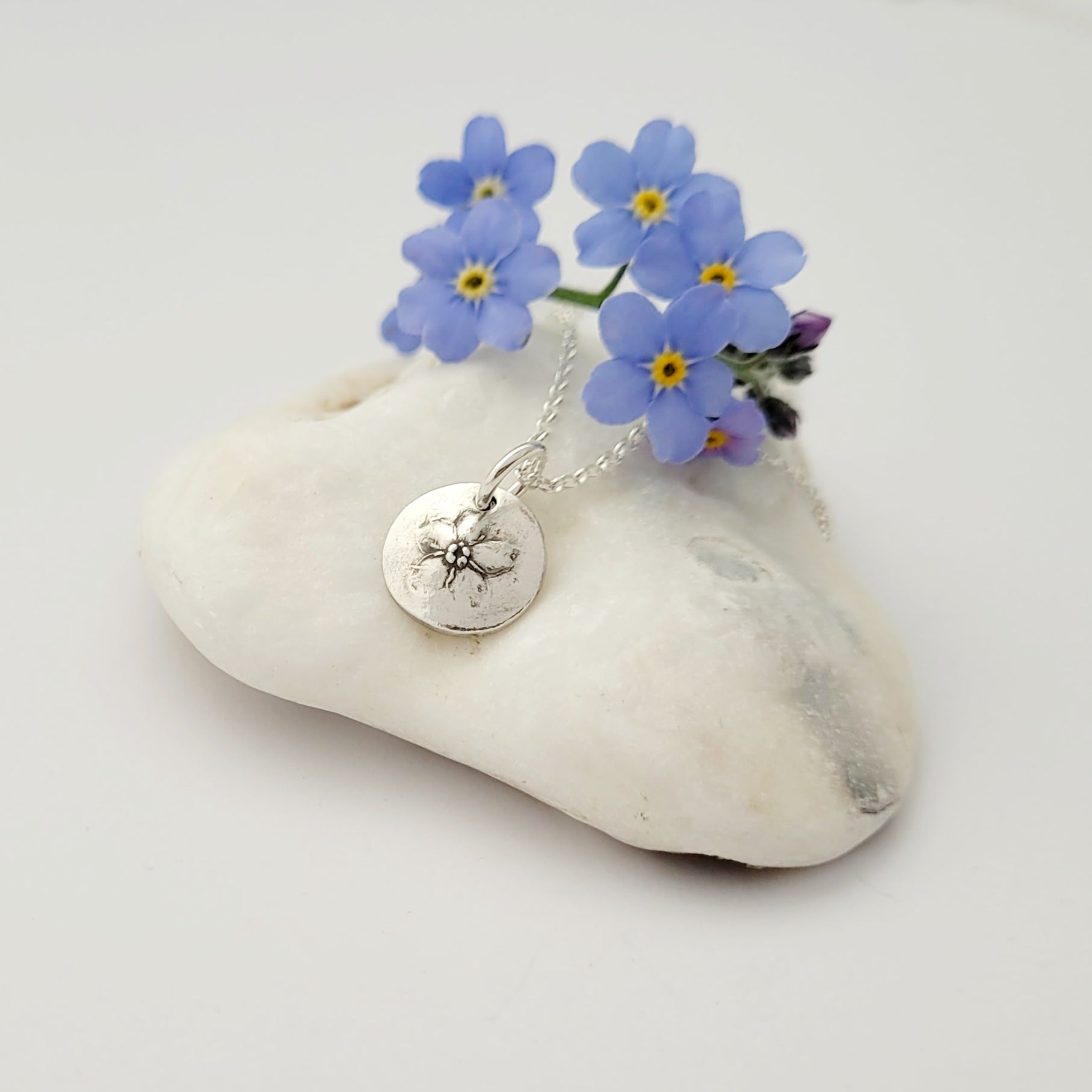Tiny Forget Me Not Flower Botanical Sterling Silver Pendant