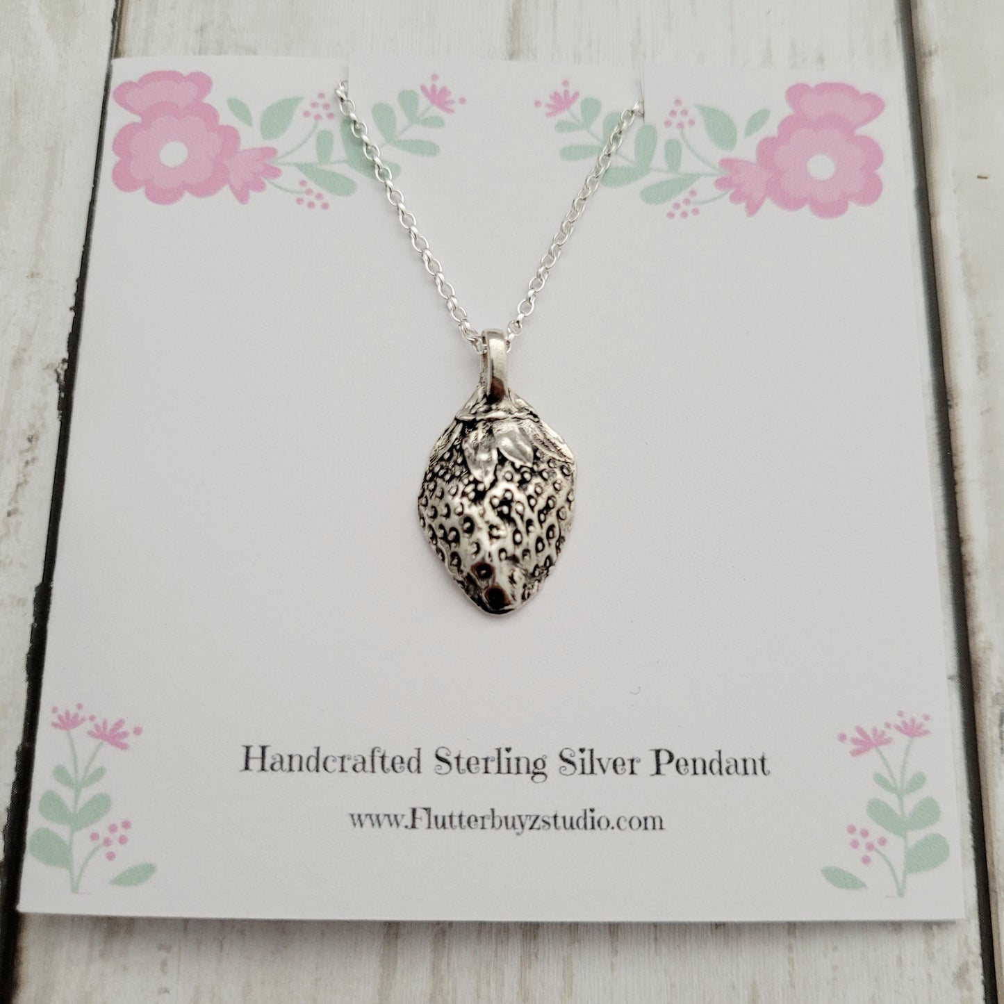 Sterling Silver Strawberry Botanical Fruit Pendant Necklace