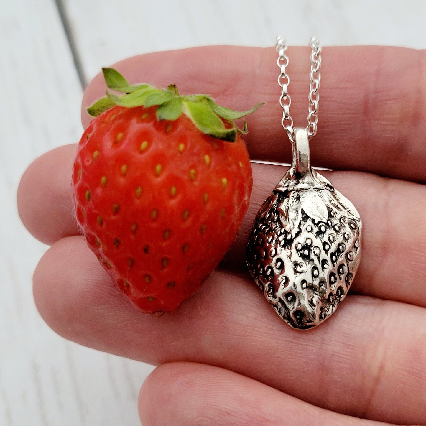 Sterling Silver Strawberry Botanical Fruit Pendant Necklace