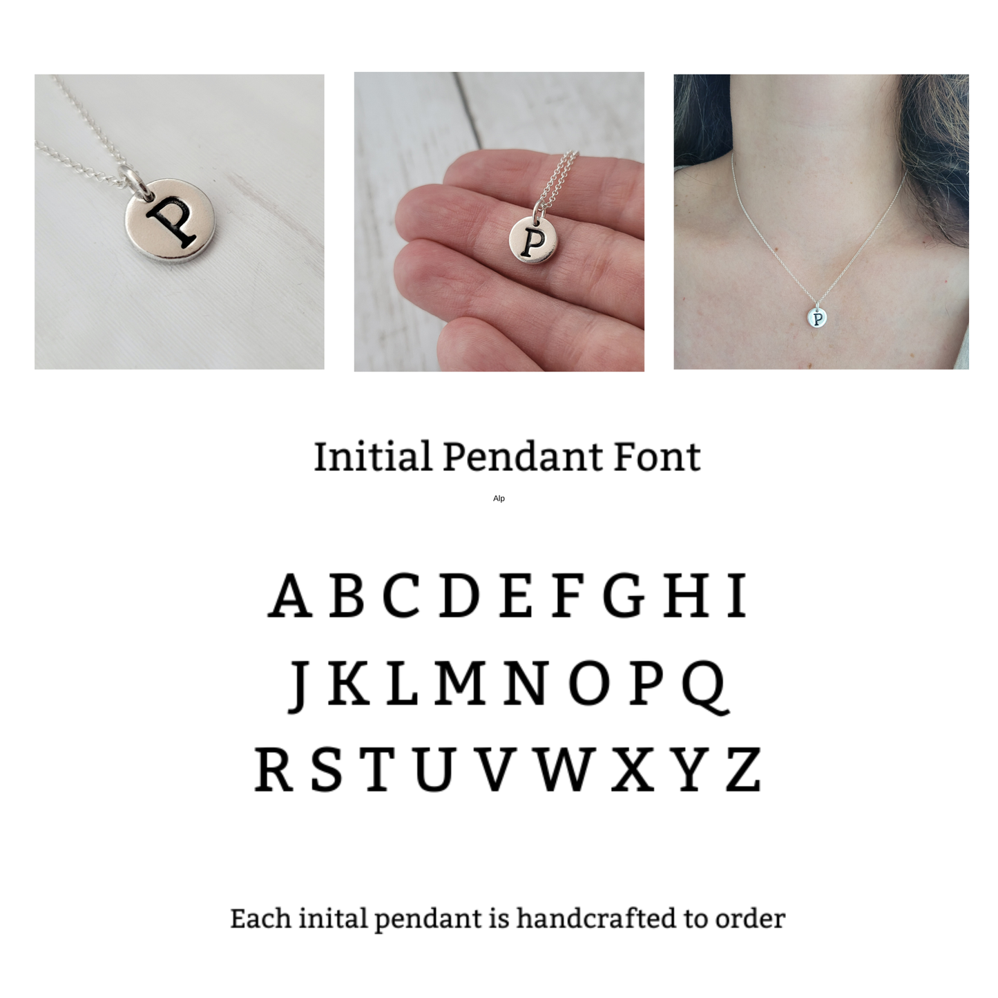Initial pendant with letter 'P' on a white background, displayed on a person's hand with alphabet letter examples