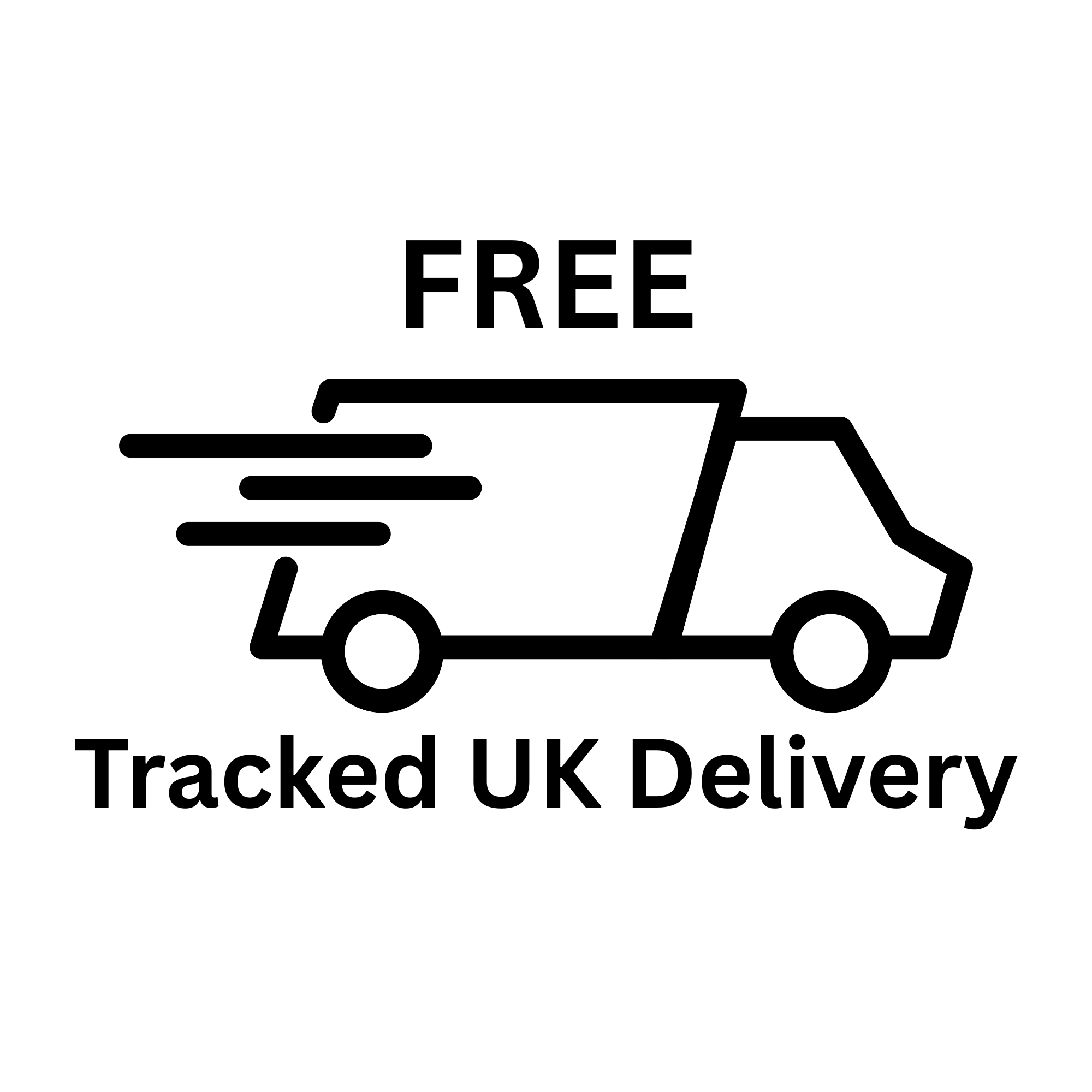 Icon of a delivery van with 'FREE Tracked UK Delivery' text on a white background