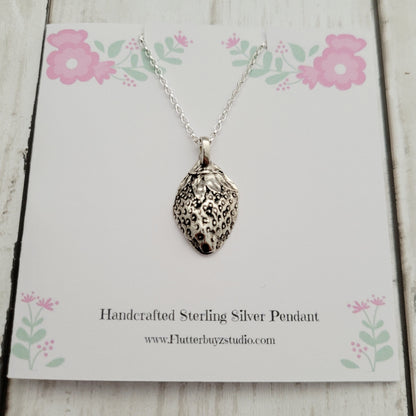 Sterling Silver Strawberry Botanical Fruit Pendant Necklace
