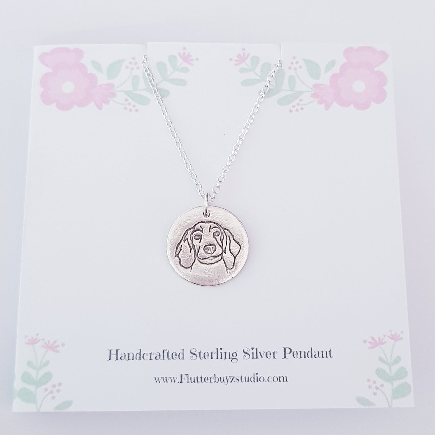 dog portrait face pendant on floral presentation card