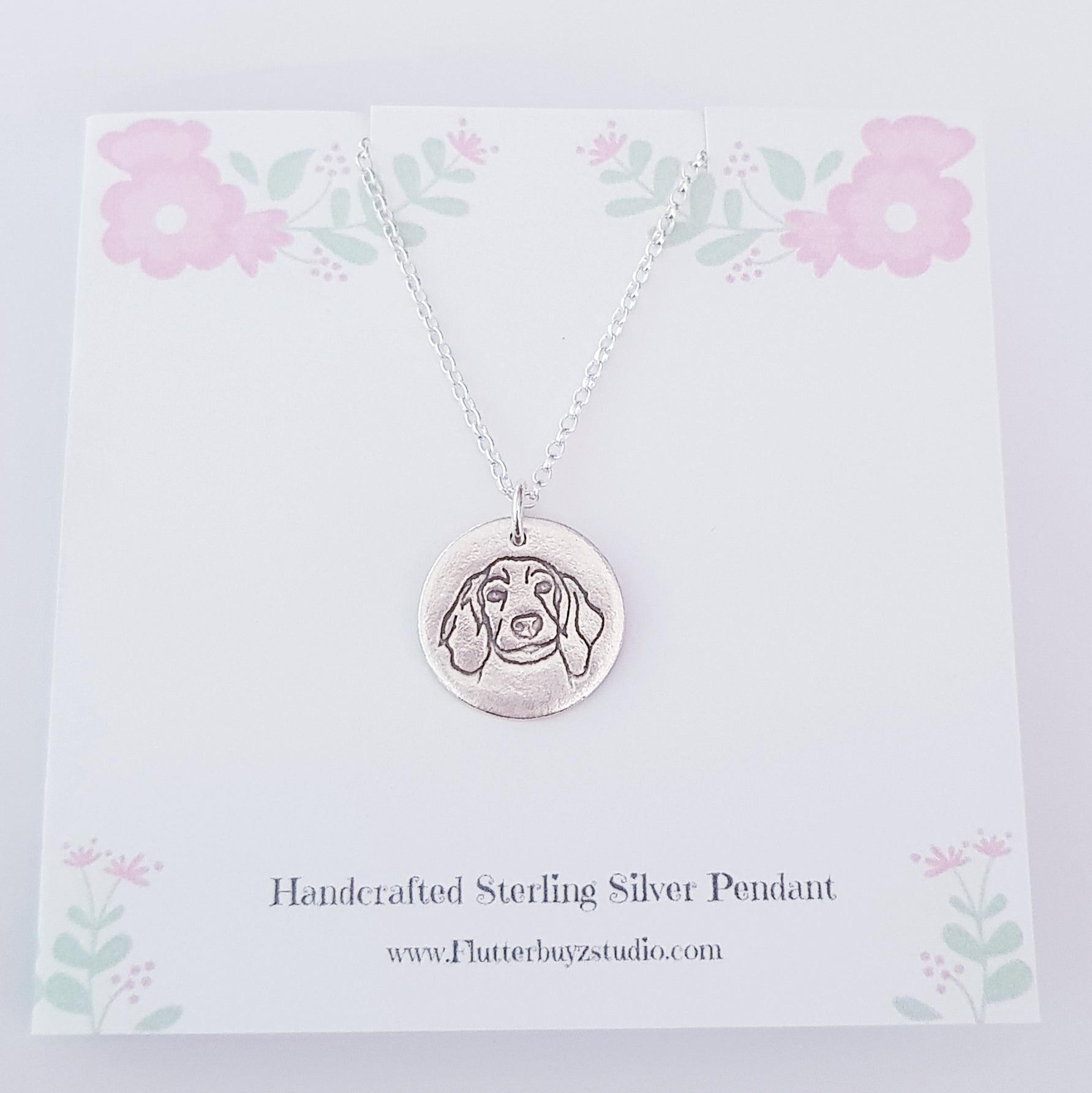 dog portrait face pendant on floral presentation card