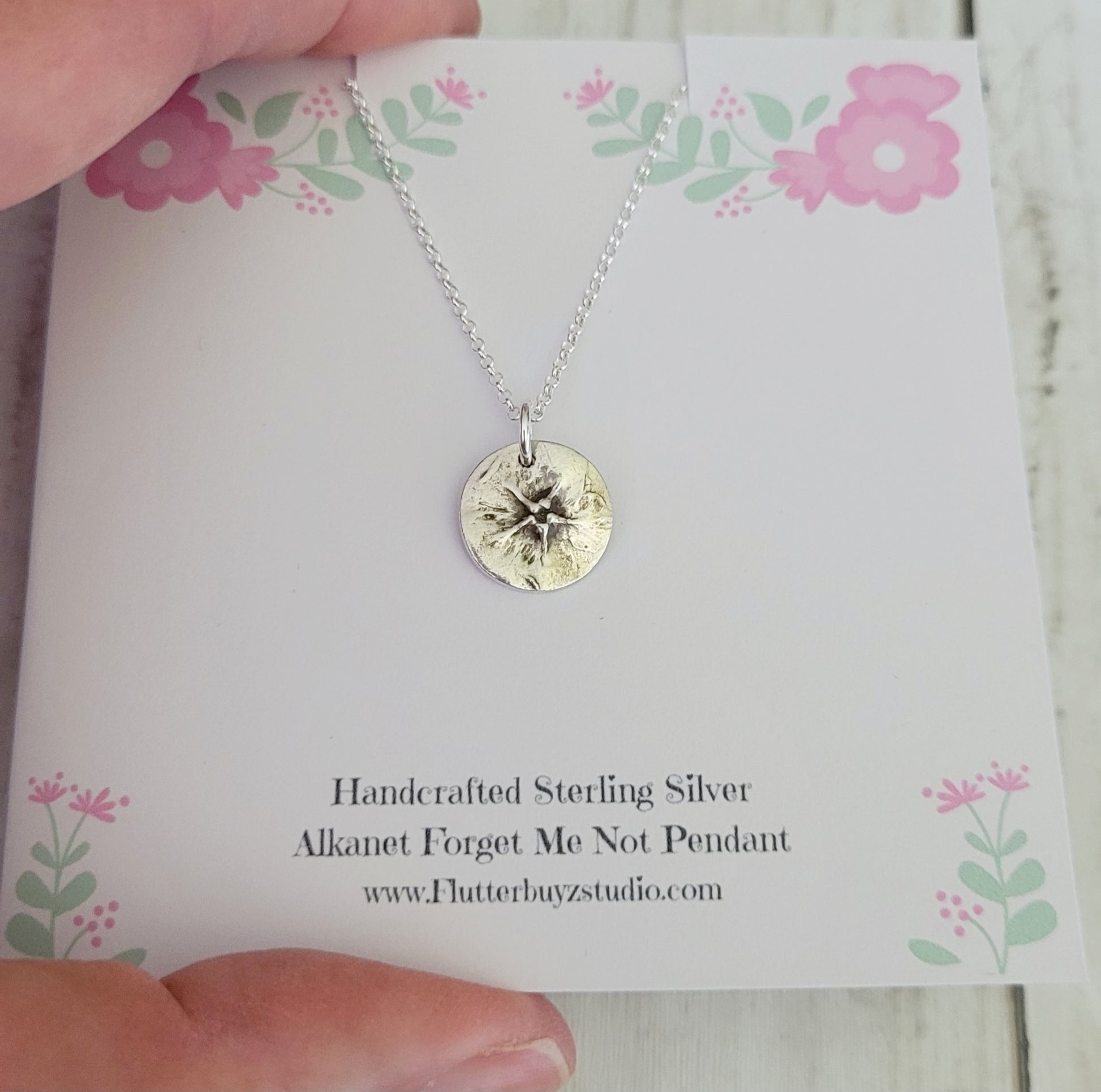 Handcrafted Sterling Silver Alkanet Forget Me Not Pendant on a floral card