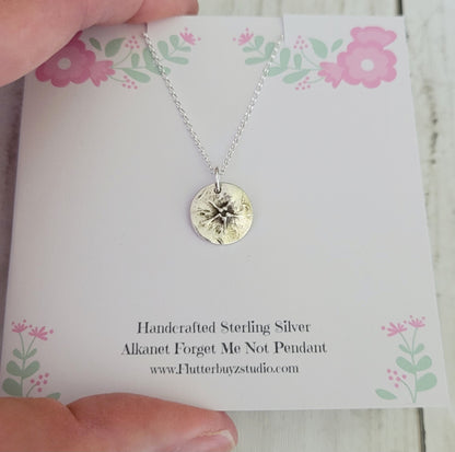 Handcrafted Sterling Silver Alkanet Forget Me Not Pendant on a floral card