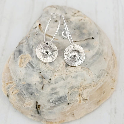 Silver hoop earrings on a textured shell surface with a white background