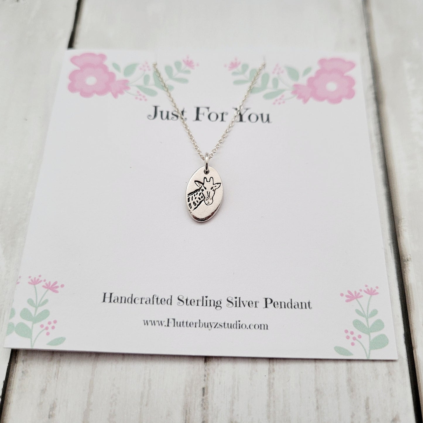 Handcrafted Sterling Silver Pendant on a 'Just For You' card with floral designs
