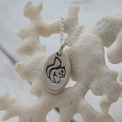 Sterling Silver Oval Squirrel Pendant Necklace
