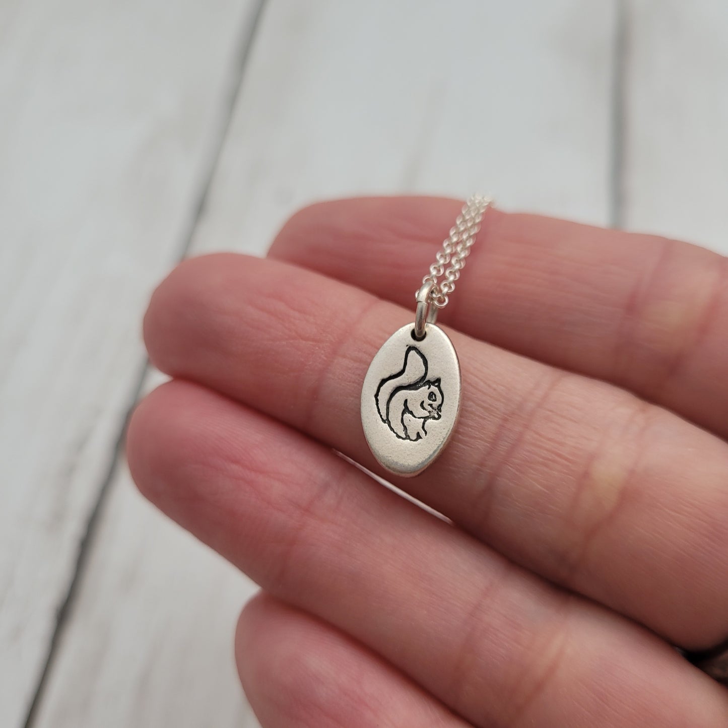 Sterling Silver Oval Squirrel Pendant Necklace