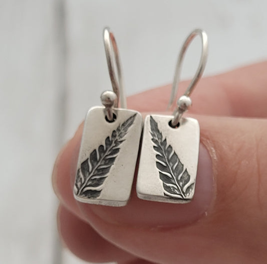 Sterling Silver rectangular Fern Leaf Drop Earrings