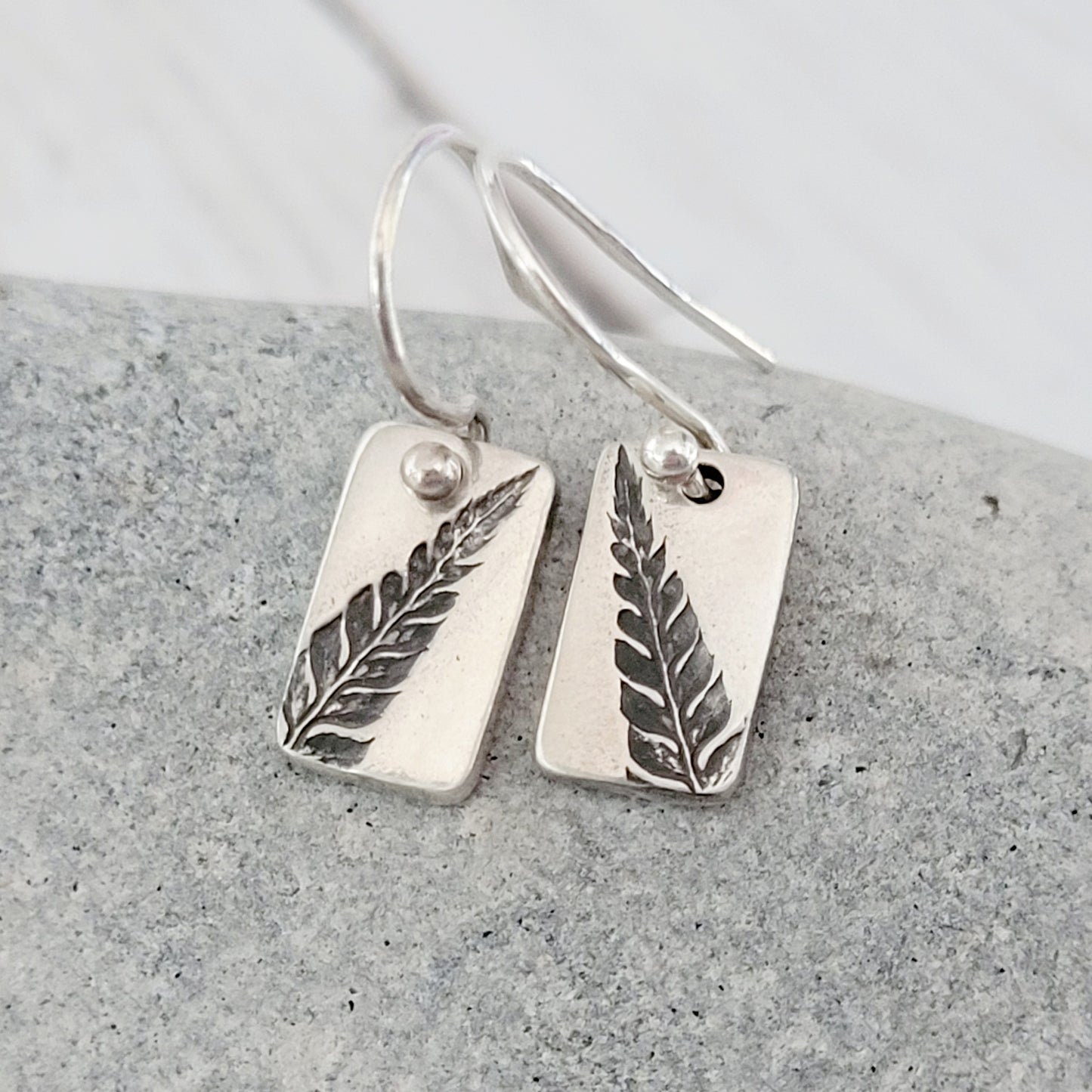Sterling Silver rectangular Fern Leaf Drop Earrings