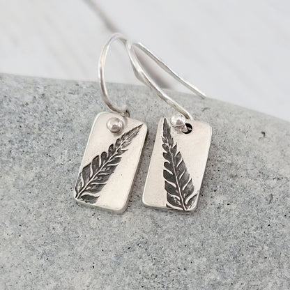 Sterling Silver rectangular Fern Leaf Drop Earrings