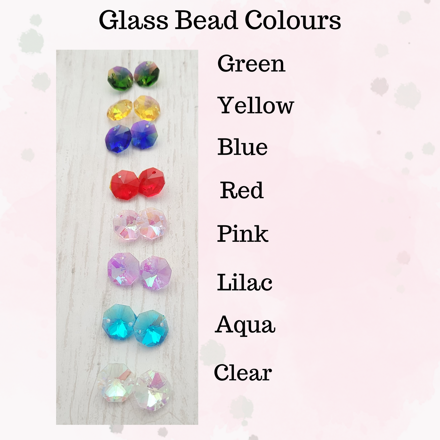 Glass beads in various colours on a textured surface with colour names listed.