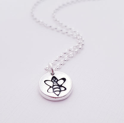 sterling silver tiny 1cm stamped bee pendant necklace