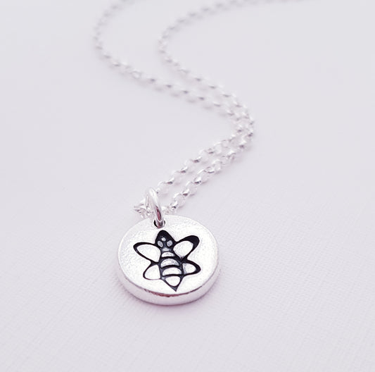 sterling silver tiny 1cm stamped bee pendant necklace