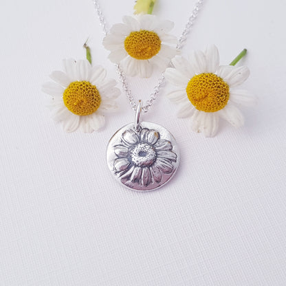 Sterling Silver Feverfew Daisy Floral Pendant Necklace