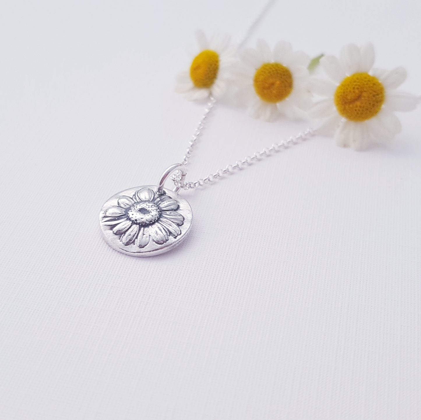 Sterling Silver Feverfew Daisy Floral Pendant Necklace
