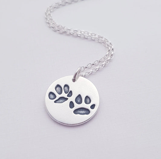 Custom Sterling Silver two Paw Print Pendant Necklace - Flutterbuyzstudio